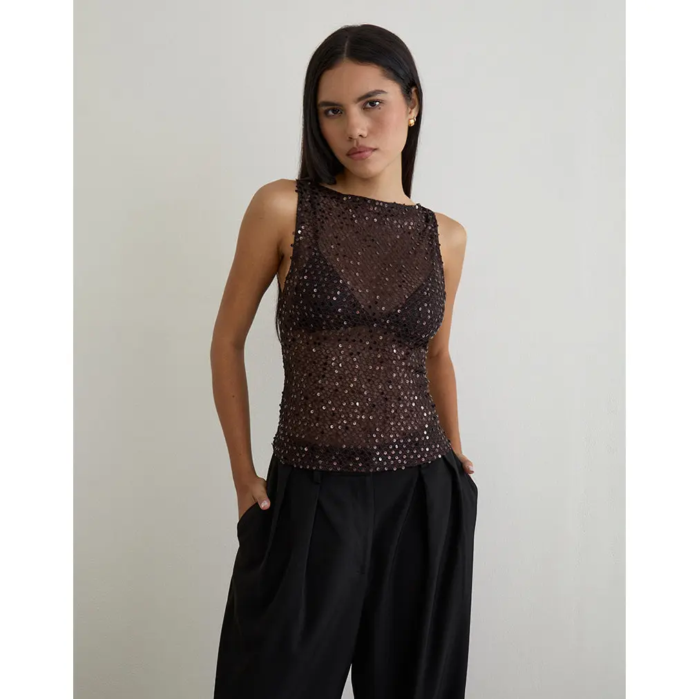 Dudley Vest Top in Sequin Knit Coffee