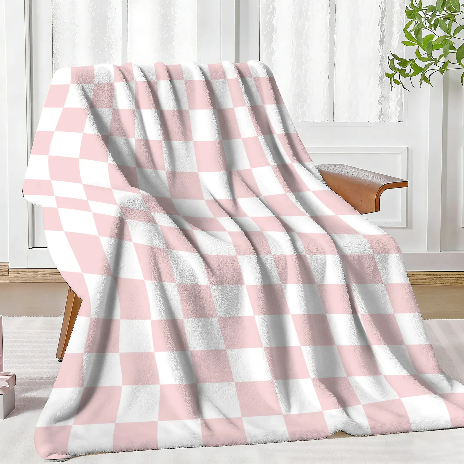 1pc Classic Wrinkle-Resistant Pink and White Checkered Pattern Flannel Throw Blanket - Soft, Multi-Size, Travel-Ready, Ideal for Sofa Bed Decoration and Gifting, Checkered Pattern Throws, Flannel Throws