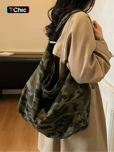 Camouflage Canvas Large Bag, Leopard Print Crossbody Shoulder Bag, Fashion Vintage Unisex Bag for Commuting, Shopping, School, Work