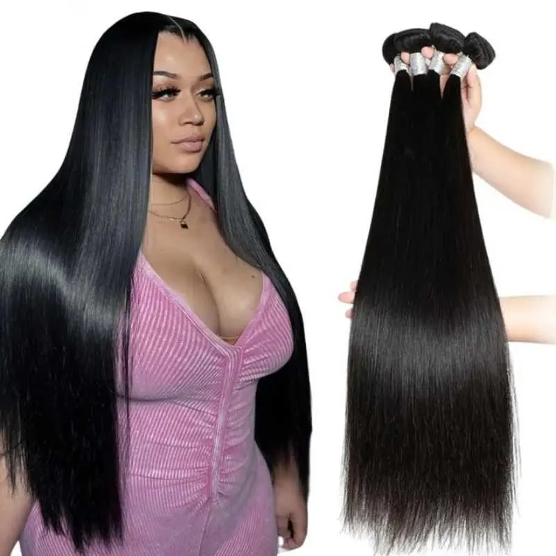Megeen 16A Human Hair Bundles Straight Bundles Human Hair 100% Unprocessed Brazilian Remy Virgin Hair Extensions Raw Quick Weave Sew In Glossy Billion Hair Bundles Natural Black
