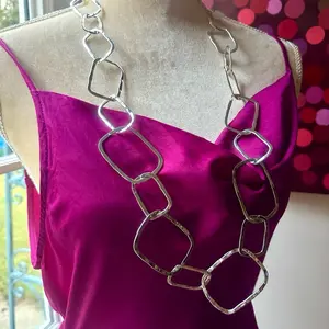 Long Squares Necklace E - Silver Tone Chainmaille Design for Women