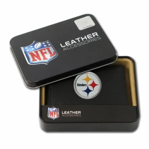 212 MAIN Men's Black Embroidered Genuine Leather Trifold Wallet - Rico Sports Collectibles Accessory with Pittsburgh Steelers Team Logo, Credit Pockets, Photo Flaps, Gift for Sports Fan, Genuine Leather Wallet