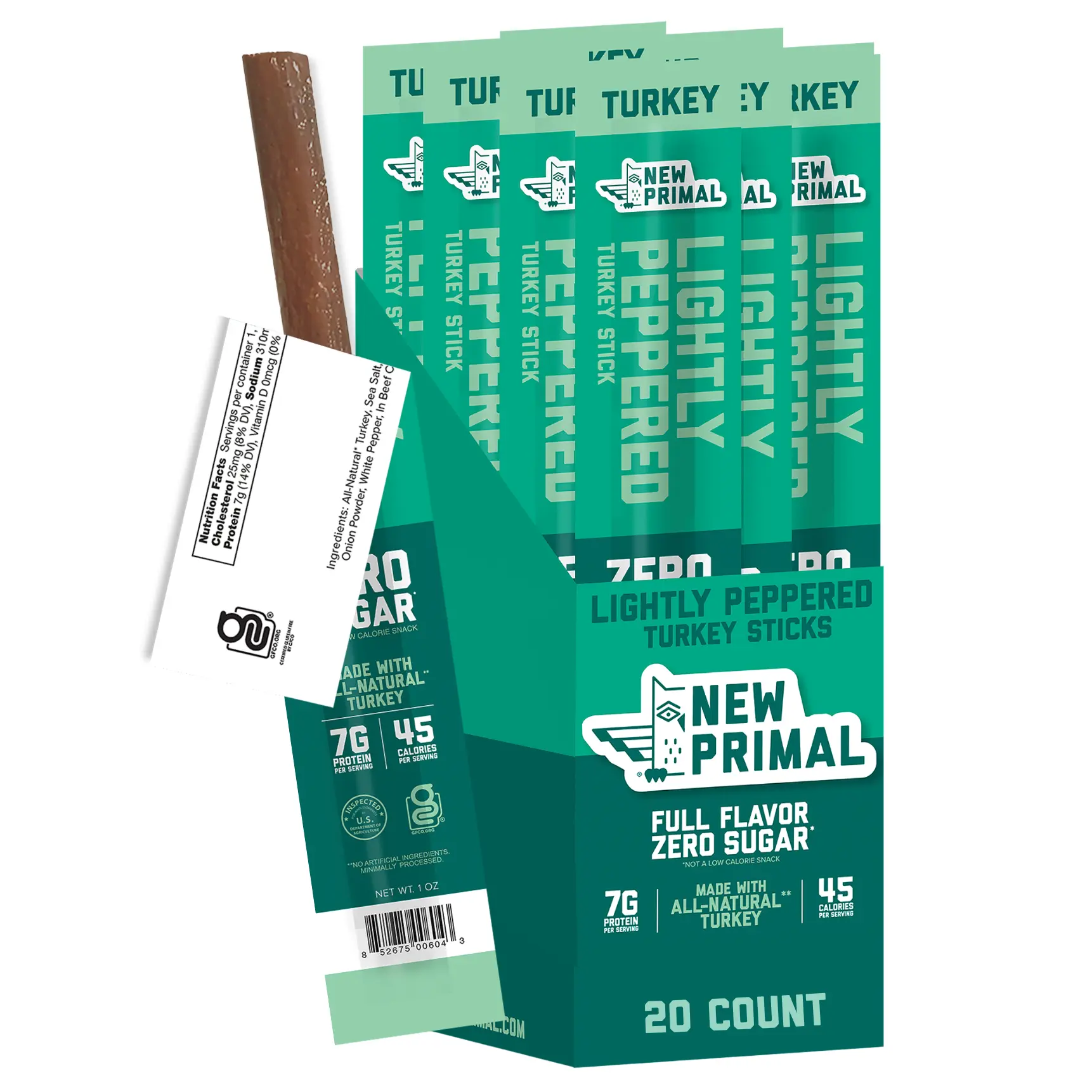 Lightly Peppered Turkey Meat Sticks - All Natural Turkey Snack Sticks, Zero Sugar, High Protein, Ready to Eat, 20 Count Pack