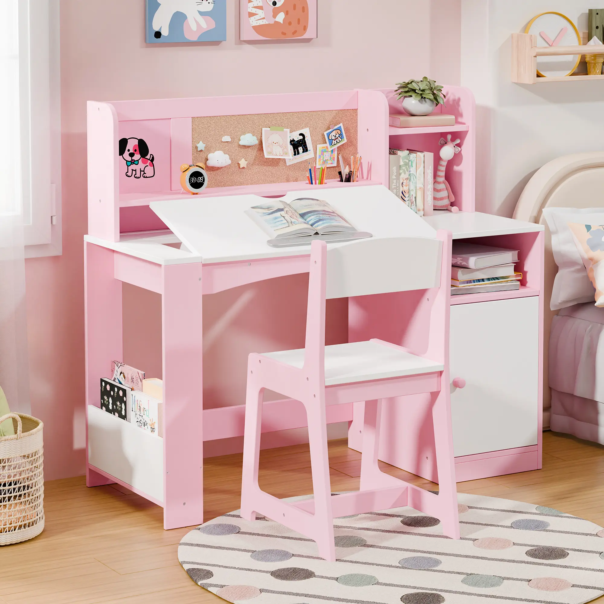 Kids Study Desk with Chair and Tiltable Desktop, Kids Study Desk and Chair Set with Hutch & Storage Cabinet, Wooden Children Study Table for 5-12 Years Old, Student Writing Desk for Bedroom, Pink,dorm essentials,home decor