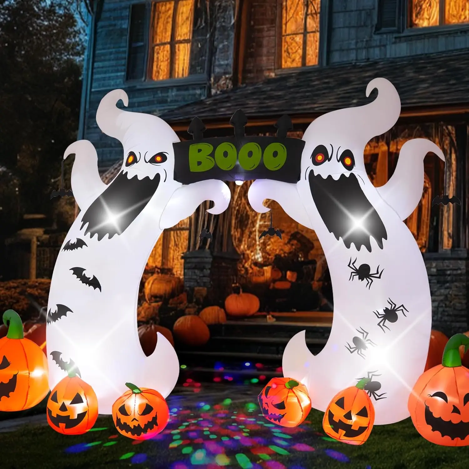 16ft Halloween Inflatable Ghost Pumpkin Archway - with Rotating LED Lights, Giant Design - Cute Blow Up Ornament for Porch, Lawn