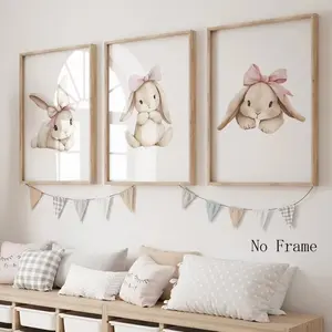 3pcs Cartoon Children's Pink Bow Rabbit Mural Canvas Frameless Hanging Painting Living Room Bedroom Home Decoration Home Decor Products Unframed Art Print Poster Picture