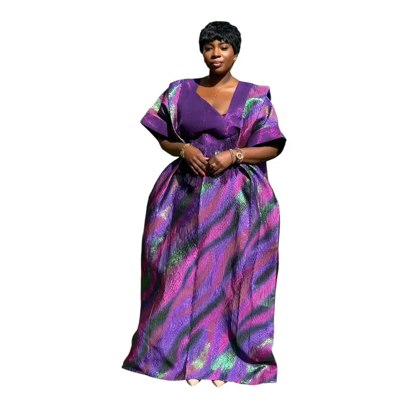 Women's Luxury Zari Brocade & Asoke Bubu Robe Gown, Vibrant Purple-Green Brocade Fabric with Head Wrap, Women's Loungewear Nightwear