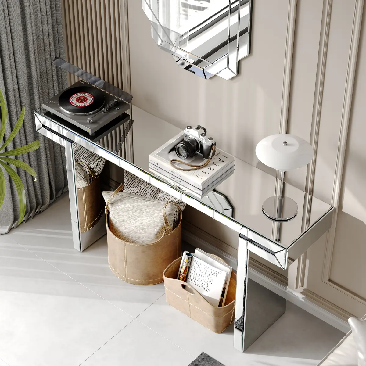 60 Inches Luxury Full-Length Mirror Console Table with Fluted Tempered Glass, Entryway Mirrored Sofa Table, Light Luxury Style, Scratch-Resistant, Reinforced Packaging