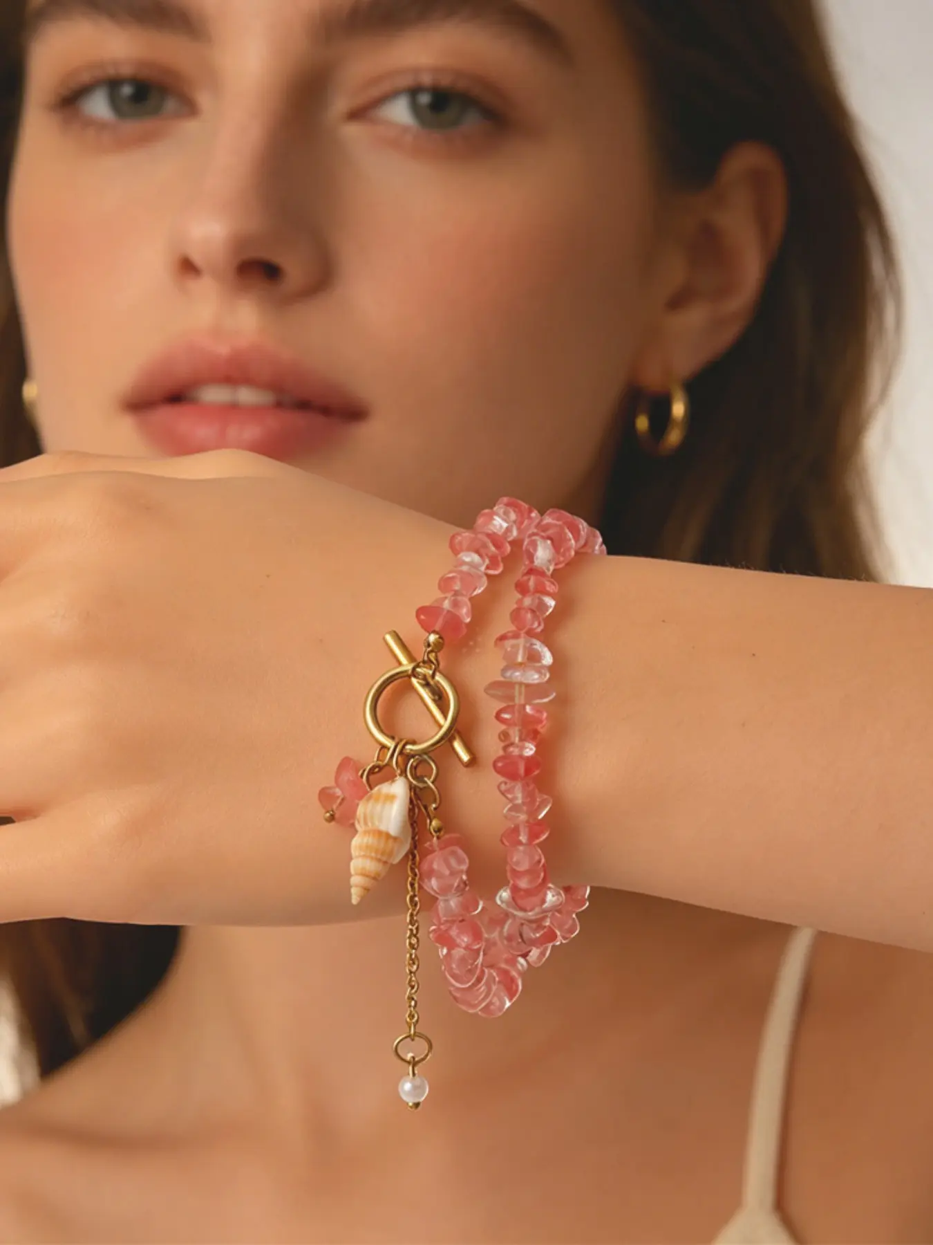 Boho Pink Crystal & Shell Jewelry Set, Vacation Style Necklace & Earrings