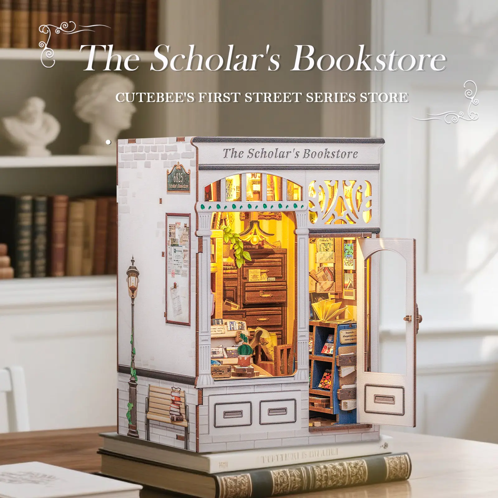 CUTEBEE DIY 3D Book Nook Kit The Scholar's Bookstore – Miniature Wooden House Dollhouse, Handmade Creative Bookshelf Decor | Holiday, Christmas and Black Friday Gift for Adults Diy Model Kit Building Kit