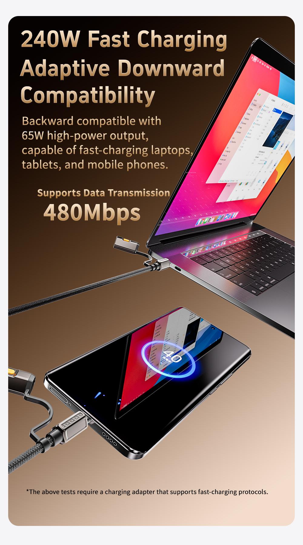 240W 4-in-1 Emergency Charging Cable with Flashlight – Car & Travel Survival Gear for iPhone & Android, Camping Essential