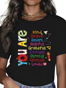 Plus Size, Women's Casual Fashion Printed T-Shirt in Sizes 0-8XL, Trendy Base Layer for Daily Outings,  Style, Suitable for All Seasons, Casual Wear, Comfortable Fit, Letter Print