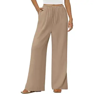 Women’s Summer Wide-Leg Linen Pants with Pockets, High Waist, and Drawstring — Loose, Casual Palazzo Lounge Pants
