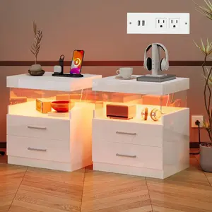 2Pcs Glossy White LED End Table Nightstand With Charging Station, High Gloss Night Stand With LED Lights, Modern Acrylic Floating Sofa Bed Side Table With Storage Drawers And Power Outlet For Living Room Bedroom