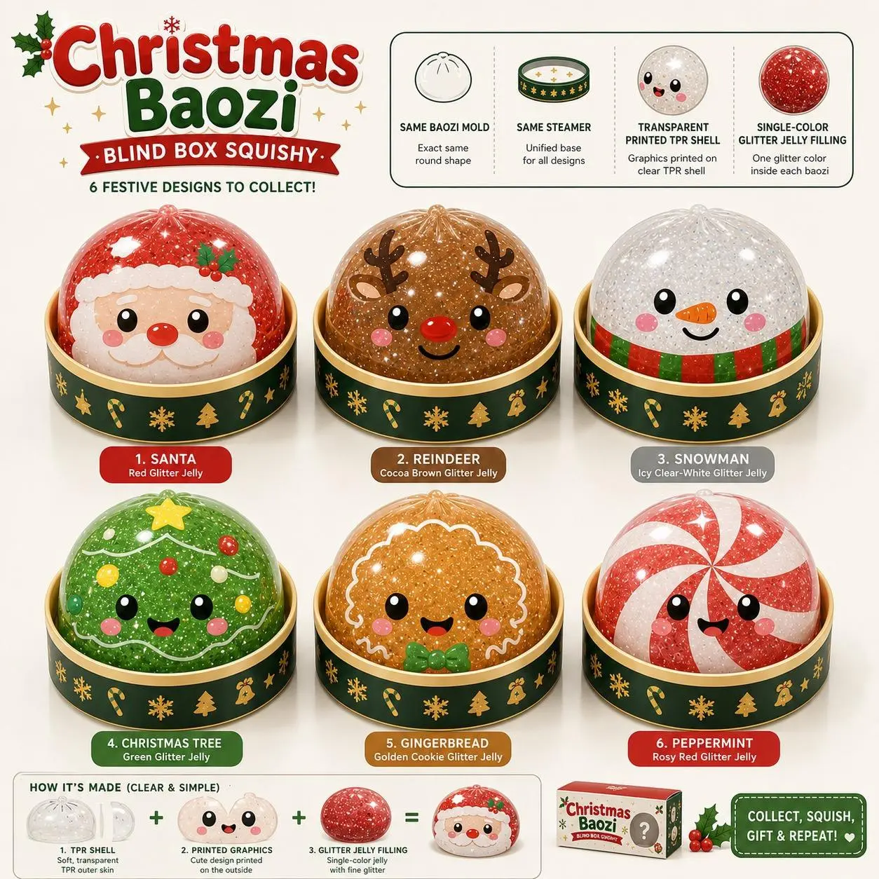 6-Style Glitter Jelly Squishy Set - Cute Kawaii Baozi-Shape Fidget Toys (Santa, Reindeer, Snowman, Christmas Tree, Gingerbread, Peppermint Designs) - Kids' Stress Relief Stocking Stuffers, Christmas Aesthetic Festive Home Decoration