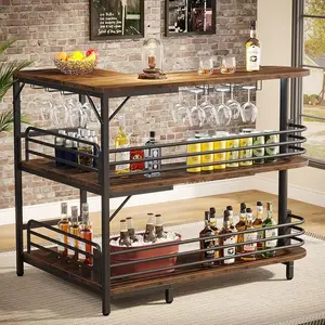 Tribesigns L-Shaped Home Bar Unit, Liquor Table With Storage Shelves and Wine Glass Holder, Industrial Wine Cabinet Mini Bar for Kitchen