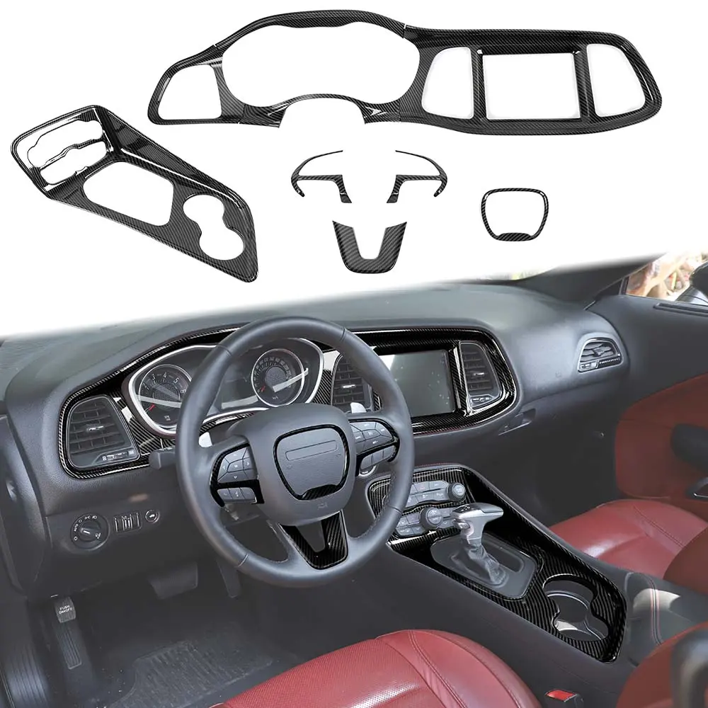 9-Piece Car Interior Decorative Trim Kit, Dashboard & Gear Panel Decor Cover for Dodge Challenger 2015+, Black Carbon Fiber Car Interior Accessories fathersdaygift, Cars Accessories, Car Decoration