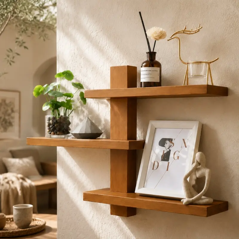 3-Tier Sturdy Wooden Floating Shelves with 17 in Geometric Design, Easy Keyhole Mount - Mid-Century Modern Wall Rack for Living Room, Decorative Storage Organizer for Plants, Crystals, Keyholemount