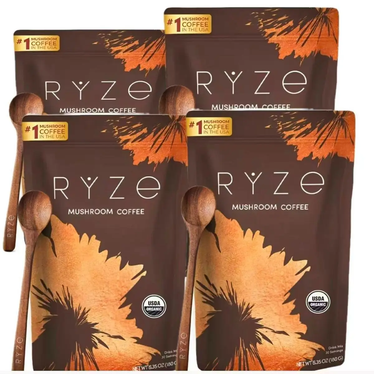 (Flash Sale 4 Packs)  X2 RYZE SUPERFOODS Mushroom Coffee USDA Organic with 6 Adaptogenic Mushrooms and MCT Oil, USA Grown Instant Coffee for Better Energy, Focus, Digestion, Immunity with Lions Mane & Turkey Tail (30 servings)