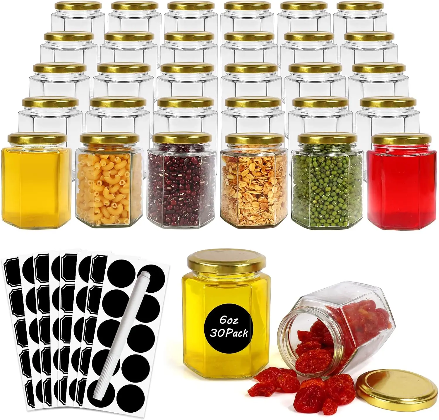 30 Pack 6oz Hexagon Clear Glass Canning Jars with Gold Lids | 180ml Glass Spice Jars for Jams, Honey,Shower Favors, Wedding Favors, Craft, 1 Pen and Labels Included