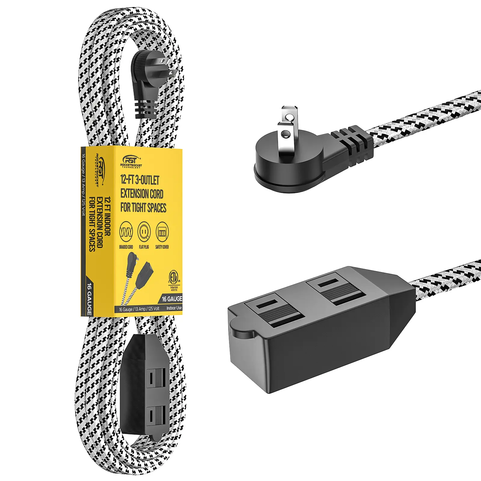 CRST 12FT Durable Braided Extension Cord 3-Outlet Power Strip for Household Use, Flat Plug, 16AWG, 1625W, ETL Listed, Device Protection Cover, Power Delivery Support, 12-Month Warranty