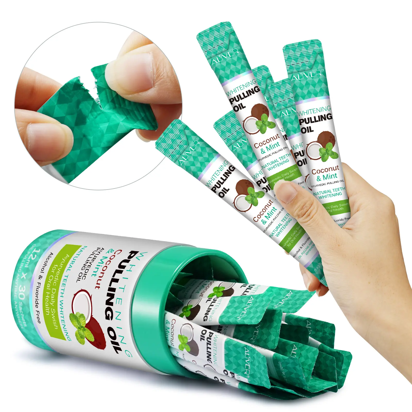 Aliver Coconut Mint Daily Oral Care Mouthwash Oral Rinse Travel Pack 30 Strips Per Can, Fluoride & Alcohol Free, Fresh Breath, Whitening, Effective Cleaning, Portable