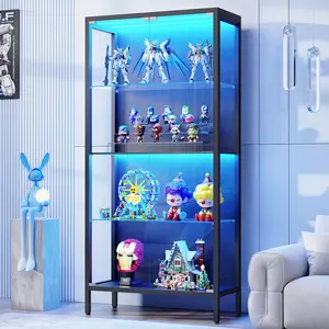 MIIFUNY Metal Display Cabinet with Glass Doors, 4-Tier Curio Cabinet with 3 Color Lights for Collectibles, Glass Display Case with Human Body Sensor, Storage Cabinets with Adjustable Glass Shelves, Black