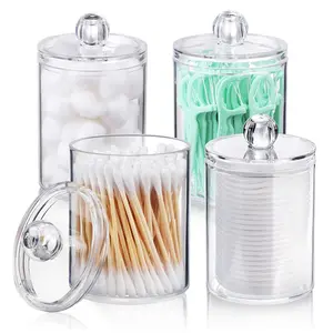 4-Piece Cotton Swab Storage Canister Set, Multifunctional Storage Suitable for Cotton Balls, Q-Tips, Makeup Wipes & Dental Floss, Transparent Plastic Bottle with Lid, Organiser