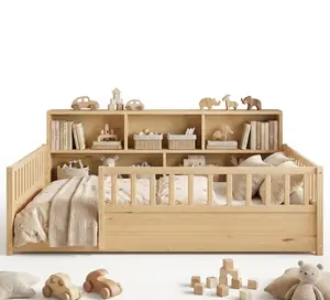 Full Size Wooden Floor Bed with Fence Guardrails & Side Storage Shelf, Montessori Low Platform Pine Wood Bed Frame in White or Natural Wood, Kids Bed with Open Entry, Safe & Easy Assembly