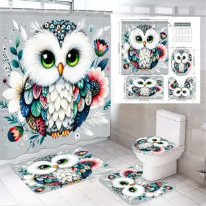 4pcs Owl-Themed Bathroom Décor Set with Colorful Feathered Design, Featuring Chic Shower Curtain, Toilet Seat Cover, and Elegant Floral Floor Mats – Perfect for a Cozy Autumn Vibe and Nature-Inspired Home Décor Decoration
