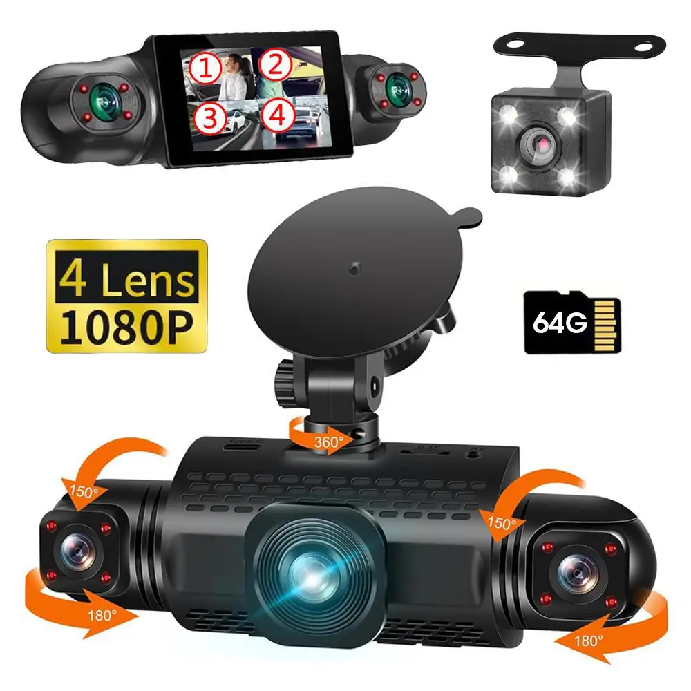 Srnubi 360° Car Front & Rear Dashcam, 4 Channel Camera FHD 1080P Car DVR with 64GB SD Card, Multi-channel Car Camera, Loop Recording Traffic Recorder,