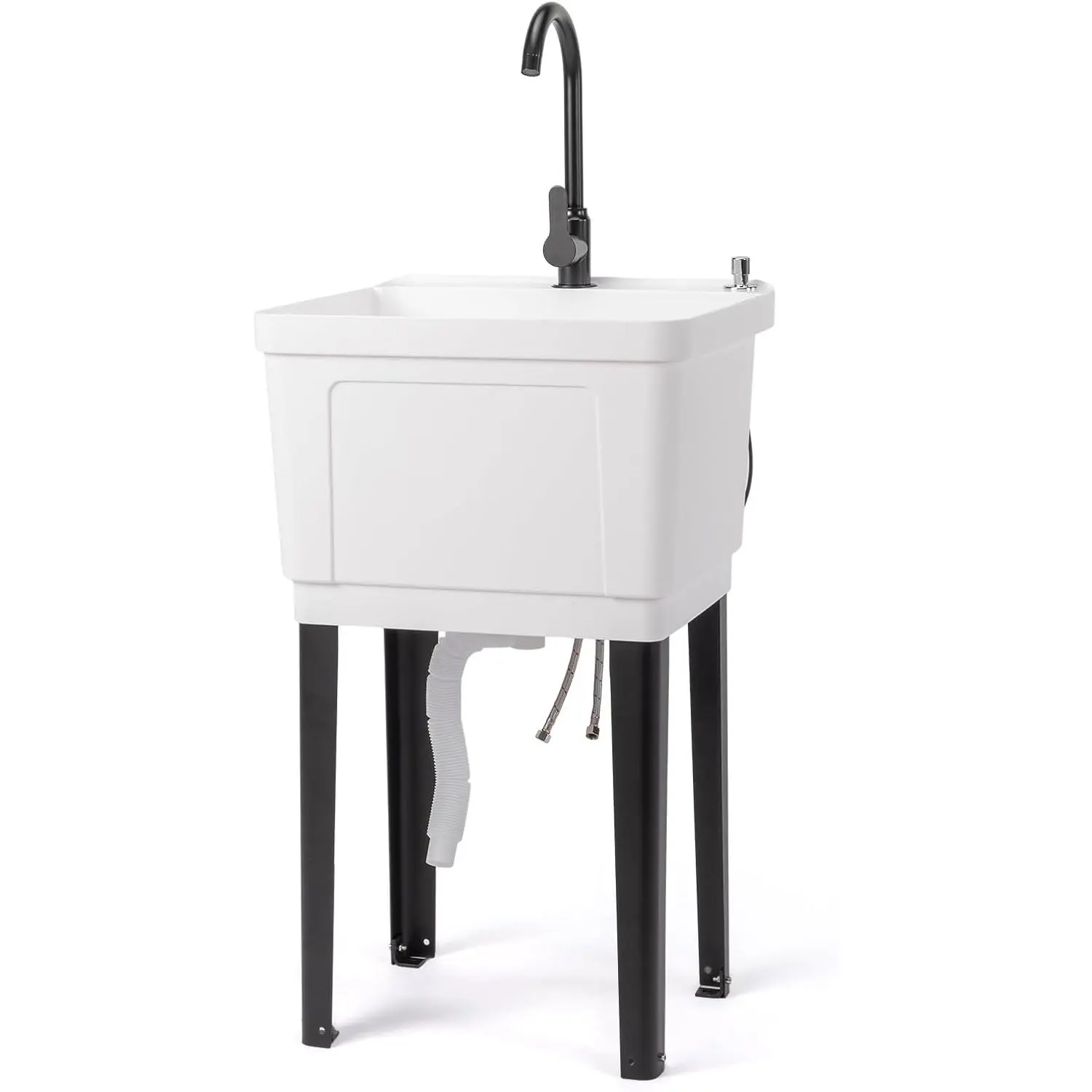 13-Gal Plastic Utility Sink, Durable Modern Freestanding Adjustable Rectangle Laundry Tub for Indoor Use Washing Room, White, 19.7" W x 18.9" D x 33" H, with Stainless Steel Alloy Faucet, Assembly Required