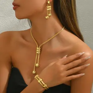 18K Gold Plated Jewelry Set for Women - Tarnish Resistant Long Necklace with Geometric Tassel Earrings & Bracelet - Hypoallergenic 3-Piece Fashion Jewelry Gift Set - Elegant Party & Wedding Accessories