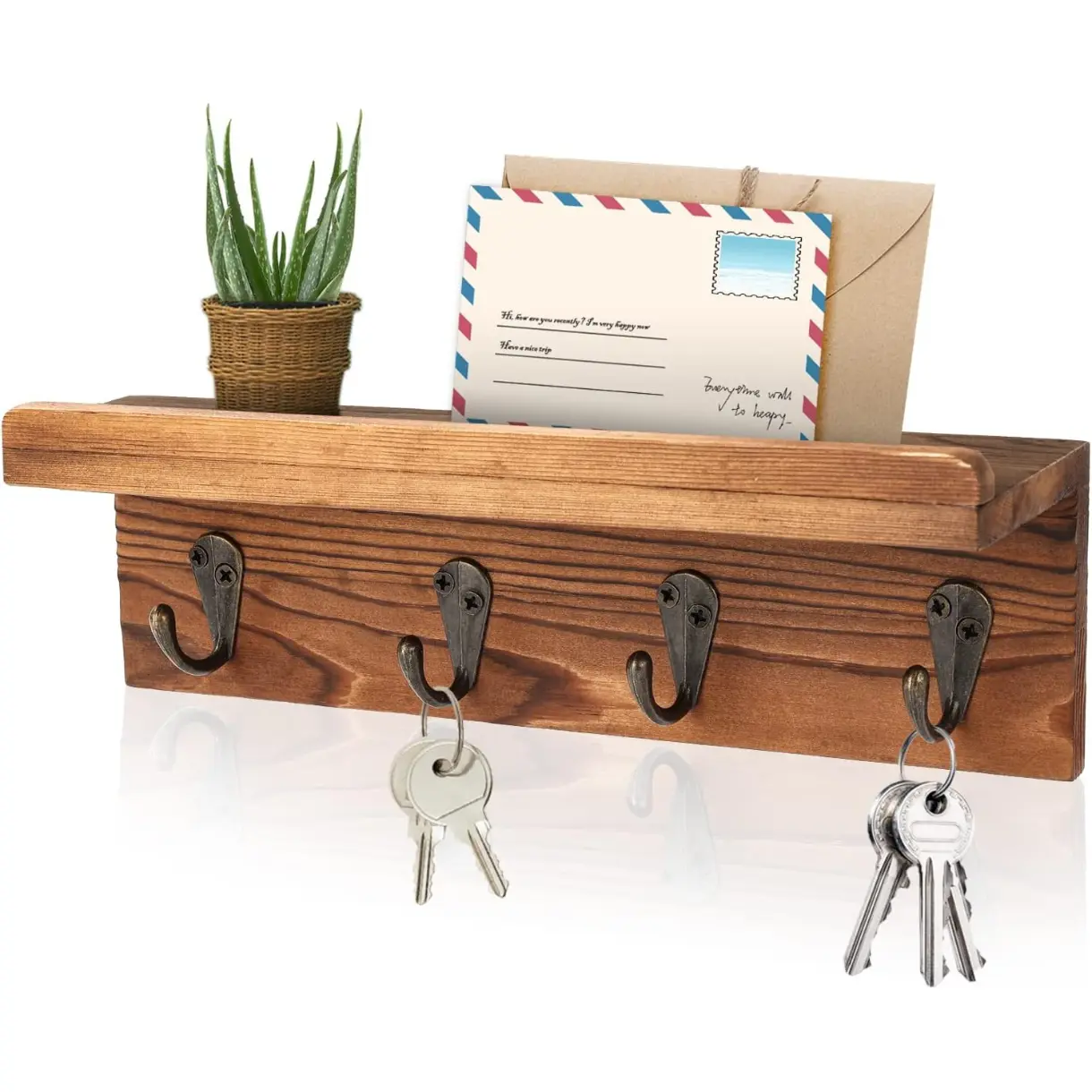 Rustic Key Holder for Wall, Farmhouse Wall Shelf with 4 Hooks, Wall Mounted Key Racks, Wooden Mail Organizer with Hooks for Entryway (Brown - Pine)