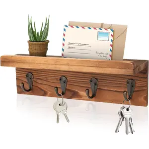 Rustic Key Holder for Wall, Farmhouse Wall Shelf with 4 Hooks, Wall Mounted Key Racks, Wooden Mail Organizer with Hooks for Entryway (Brown - Pine)