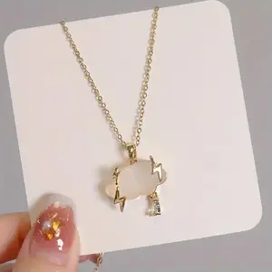 Opal Cloud Lightning Bolt Necklace Gold Tone CZ Raindrop Accent Whimsical Cute Jewelry for Women Perfect Fun Gift