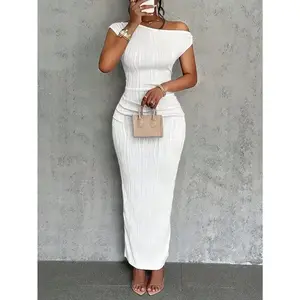 Elegant off shoulder pleated slim fit dress, white - summer polyester and spandex knit, medium elasticity, smooth surface, formal black comfortableRAIMENTRY