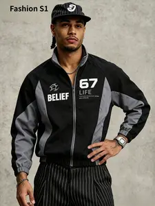Men’s Fashion Menswear Color-Block Baseball Coat, Black/Gray Vintage BELIEF Numeric Print, Raglan Long Sleeves Casual Outerwear
