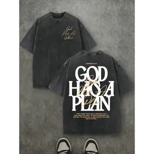 God Has A Plan Vintage Graphic Tee Men's Acid Wash Heavyweight Cotton T Shirt Drop Shoulder Crewneck Streetwear Unisex Top