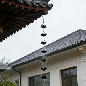 Adjustable Umbrella-Style Rain Chain, Outdoor Drain Gutter Downspout Chain, Black Powder-Coated Decorative Rainwater Diverter Chain, Tool-Free Installation Alternative to Downpipe