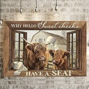 1 Piece Wooden Frame, Rectangle Design Canvas Painting Bathroom Wall Art Cute Highland Cow Canvas Poster Farmhouse Wall Art Funny Animal Picture Wall Art home decor Wall Art Decoration with Frame Ready to Hang Gift for Her Him