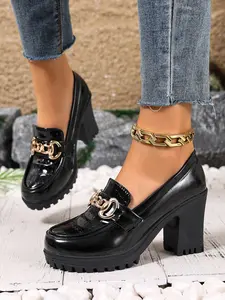 Women's Chunky Heel Loafers, Glossy Leather Thick Sole Shoes, Metal Chain Buckle, Crocodile Pattern Slip-On High Heels, Formal & Casual