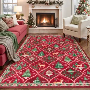 Christmas Theme Living Room Bedroom Carpet, Creative Santa Claus Tree Reindeer Print Rug, Soft Non-Slip Mat