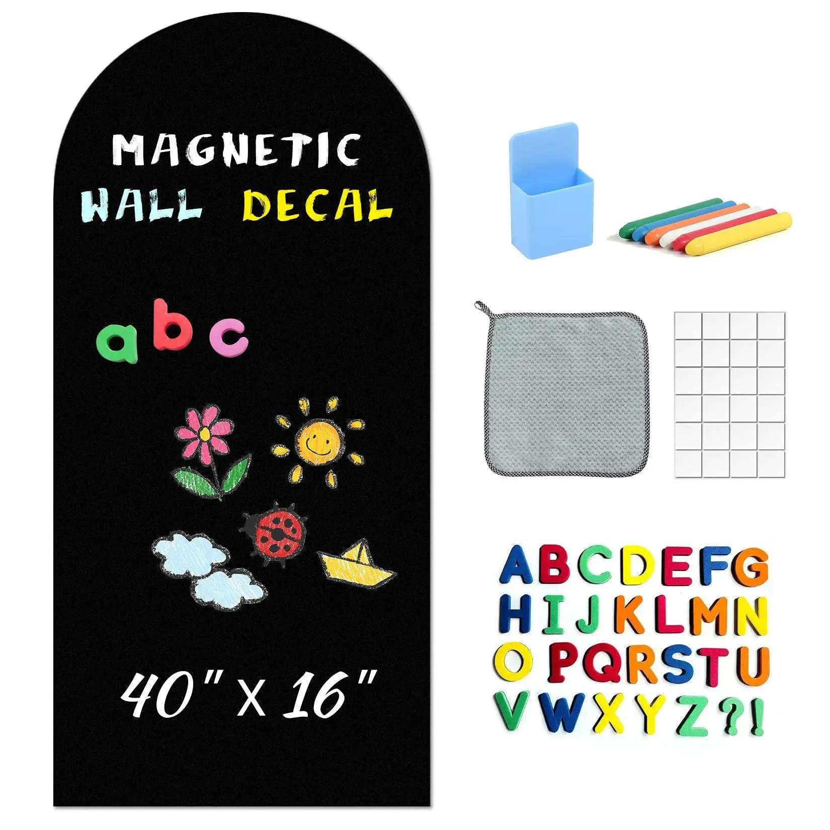 Kids Educational Adhesive 40x16" Arch-Shaped Magnetic Wall Board Sticker - Removable Black Chalkboard with Alphabet Magnets, Chalk Set, Eraser Holder for Bedroom Wall Decor