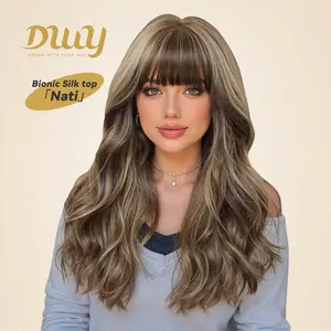 Nati -DWY New Technology! Bionic Silk Top Mix Honey Bronde 22-Inch Long Wave Glueless Synthetic Wig with Bangs for Women High-Quality Premium Fiber Easy Wear Comfortable Fit Straight Layered Wigs Convenient Wigs