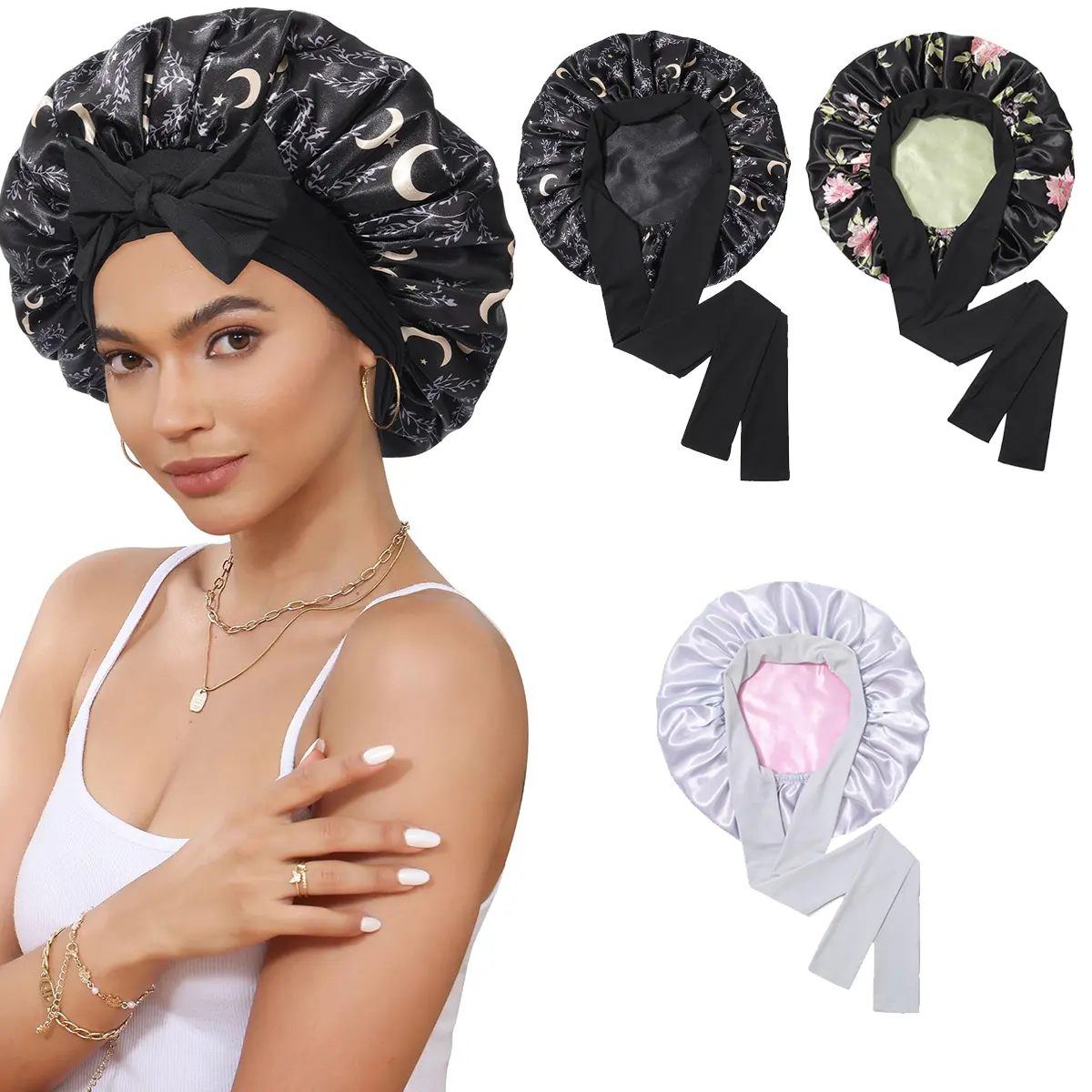 AWAYTR Reversible Satin Lined Bonnet for Women, Double-Layer Print and Solid Sleep Cap with Elastic Tie Band for Curly Hair, Frizz Control, Hair Bonnet, Curly Hairstyles, Smoothing, Polyester, Use For Sleep Or Housework, Sleep/Wash