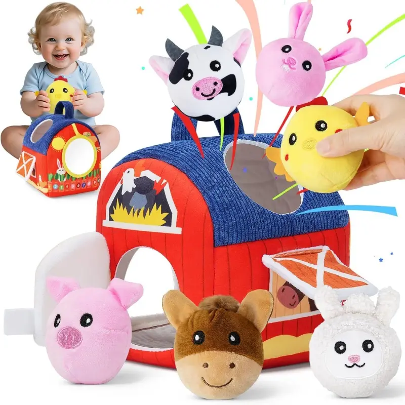 Soft Barn with Farm Rattle Squeaker Animals Cow Rabbit Baby Toys Montessori Toys for 6 Month Old Babies Sensory Balls Toddlers Playtime Christmas Baby Stocking Stuffers Gift