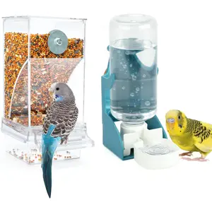 No Mess Bird Water Feeder Dispenser Set Automatic Bird Feeder Transparent  Container Cage  Parrot Feeders Accessories for Small Birds Parrot Cockatoo Canary