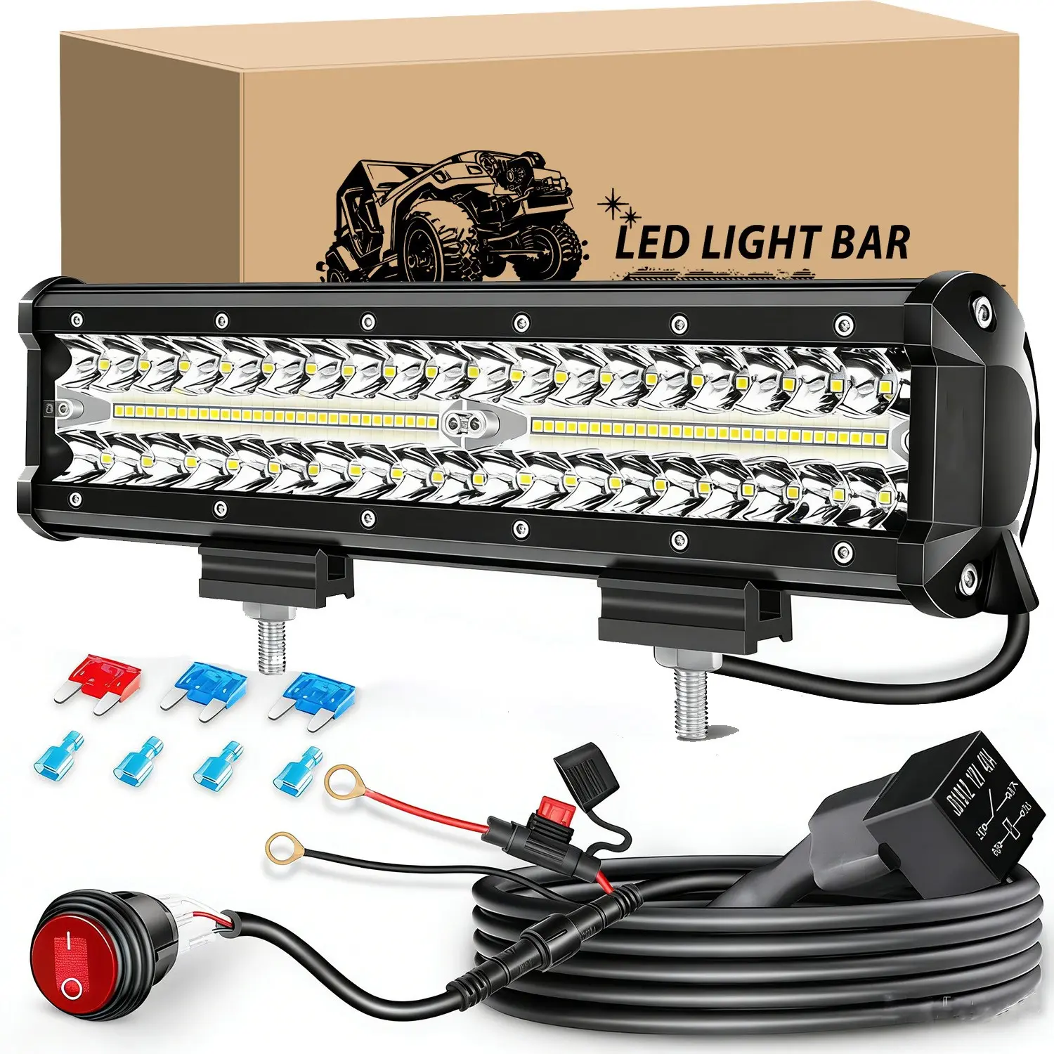 12 Inch LED Light Bar Kit with Wiring Harness Triple Row Spot Flood Combo LED Off Road Driving Lights Bar Work Lights Pod for Trucks UTV ATV Tractor Boat