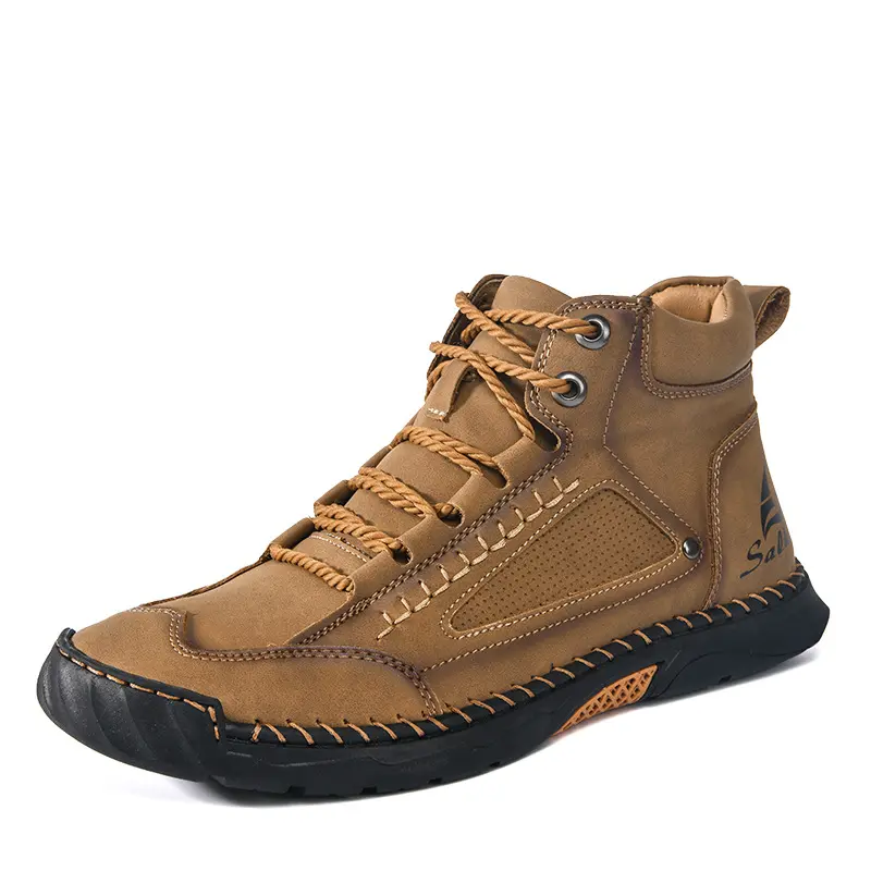 Men's Suede Leather & Mesh High-Top Lace-Up Casual Shoes - Handcrafted Stitching, Breathable Perforated Design, Anti-Slip Rubber Sole Boot for Outdoor & Daily Wear | Men's Shoes